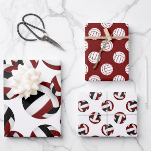 maroon black volleyballs set of 3 coordinating wrapping paper sheet