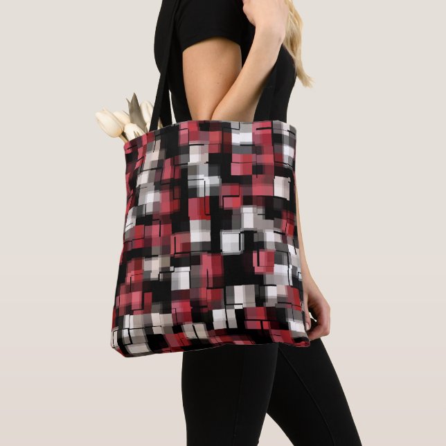Maroon Black White Abstract Plaid Tote Bag (Close Up)