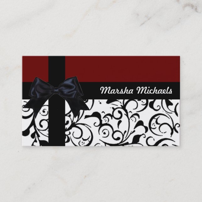 Maroon black white damask custom business cards (Front)