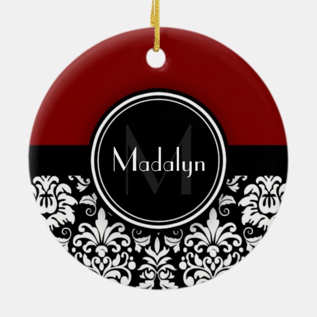 Maroon Black White Damask Monogram Letter Ceramic Tree Decoration (Back)