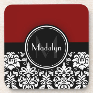 Maroon Black White Damask Monogram Letter Coaster