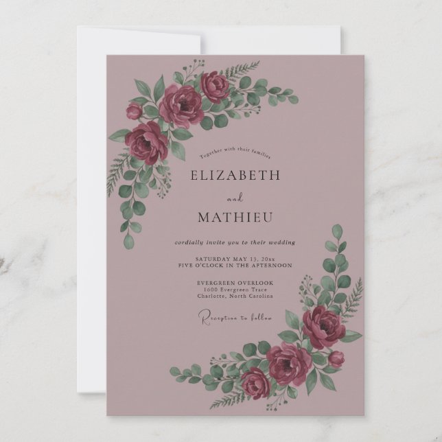 Maroon Bloom Romantic Flourish Wedding Invitation (Front)