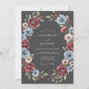 Maroon Blue Floral Classic Wedding Invitation
