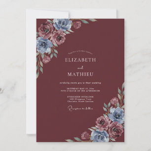 Maroon Blue Mauve Watercolor Floral Wedding Invitation