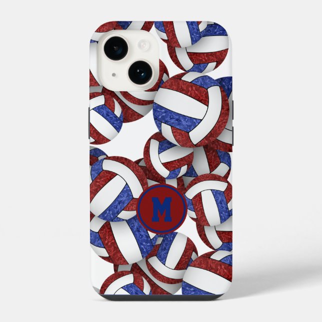 Maroon blue monogrammed girly volleyballs pattern  iPhone case (Back)