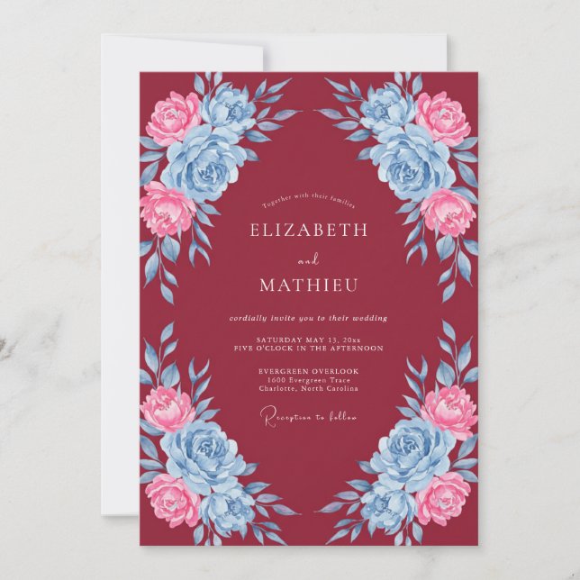 Maroon Blue Pink Floral Wedding Invitation (Front)