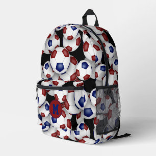 maroon blue soccer balls pattern monogrammed printed backpack