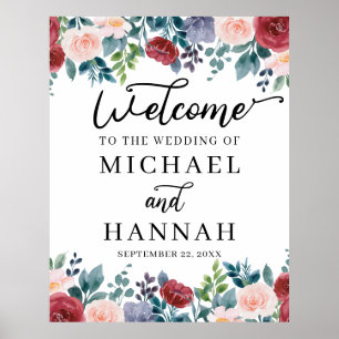 Maroon Blush Flowers Wedding Welcome Poster