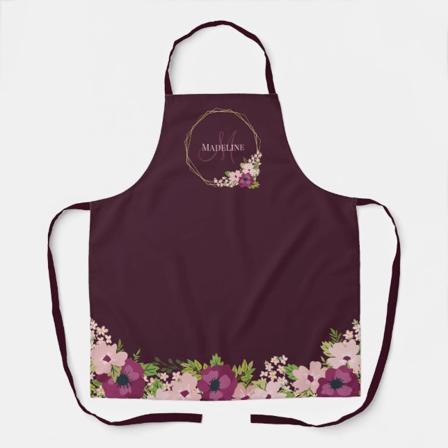 Maroon Blush Pink Floral Geometric Monogram Apron (Front)