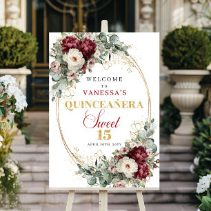 Maroon Boho Quinceanera Welcome Sign Floral Gold 