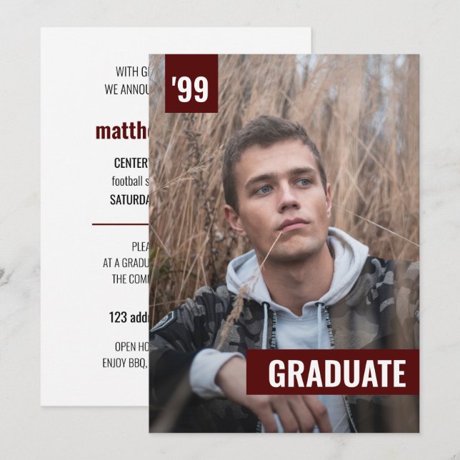 Maroon Bold & Modern Photo Graduation Invitation (Front/Back)