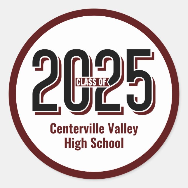 Maroon Bold Shadowed Numbers Class of 2025 Classic Round Sticker (Front)