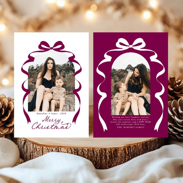 Maroon Bow Photo Merry Christmas Arch Holiday Card (Creator Uploaded)