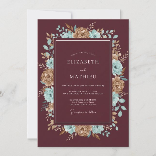 Maroon Bronze Petal Wedding Invitation (Front)