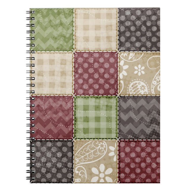 Maroon, Brown, Tan, & Green Quilt Look Spiral Notebook (Front)