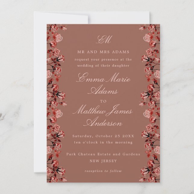Maroon Brown Watercolor Rustic Boho Chic Wedding Invitation (Front)