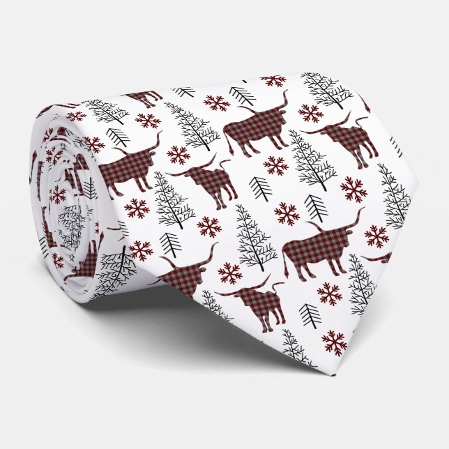 Maroon Buffalo Plaid Longhorn Pattern Tie (Rolled)