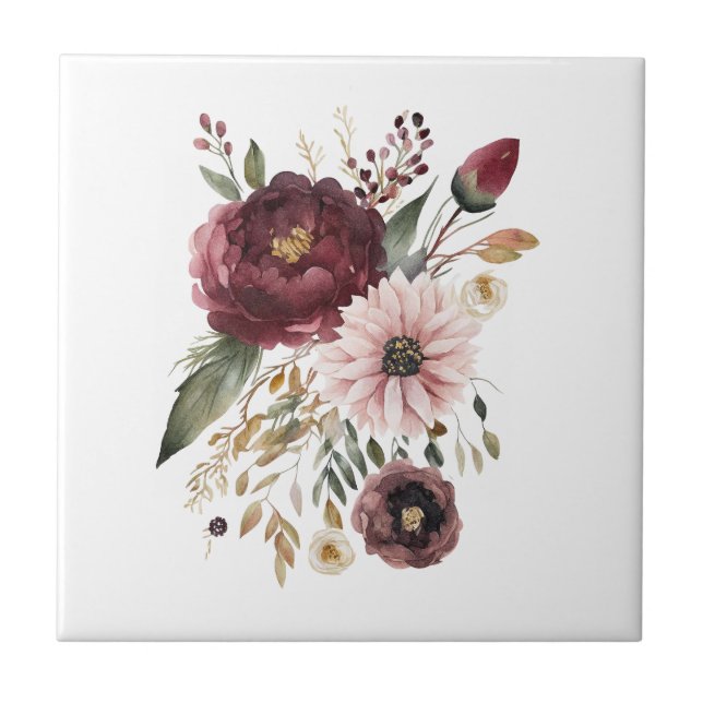 Maroon Burgundy Blush Pink Botanical Floral  Tile (Front)