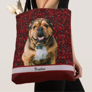 Maroon Burgundy Brown Christmas Dog Photo        Tote Bag