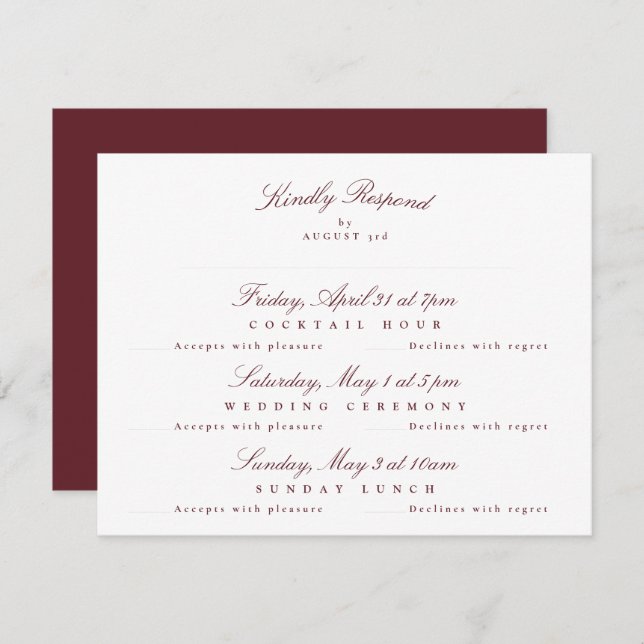 Maroon Burgundy Elegant Calligraphy multi-event RSVP Card (Front/Back)