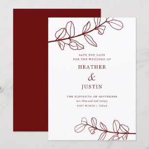Maroon Burgundy Foliage Modern Save the Date Invitation