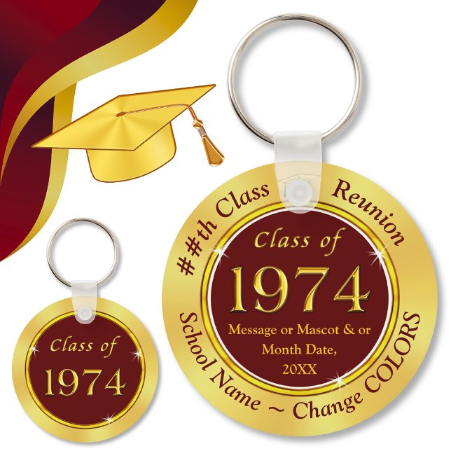 Maroon Burgundy Gold, Custom Class of 1971 Favours Key Ring (Class of 74. Maroon 50th reunion favors. The class of 74. Class of 74. High school reunion party. )