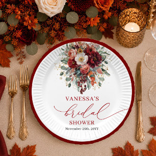 Maroon Burgundy Gold eucalyptus bridal shower plat Paper Plate