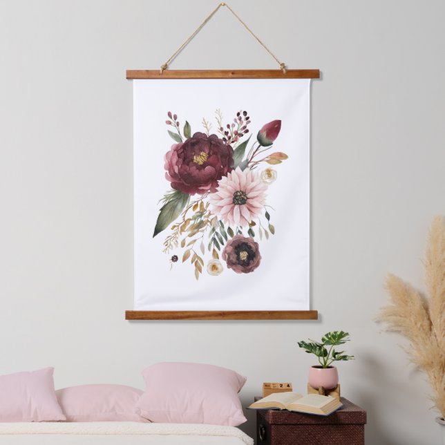 Maroon Burgundy Pink Watercolor Floral Botanical Hanging Tapestry (Bedroom)