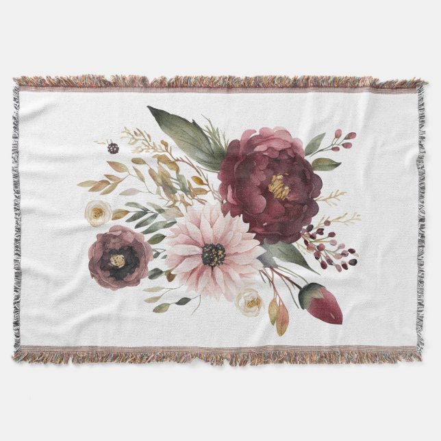 Maroon Burgundy Pink Watercolor Floral Botanical Throw Blanket (Front)
