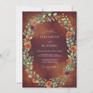 Maroon Burnt Orange Wreath Wedding Invitation