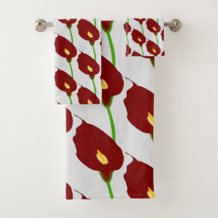 Maroon Cala Lily Design Bath Towel Set