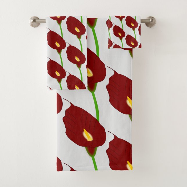 Maroon Cala Lily Design Bath Towel Set (Insitu)