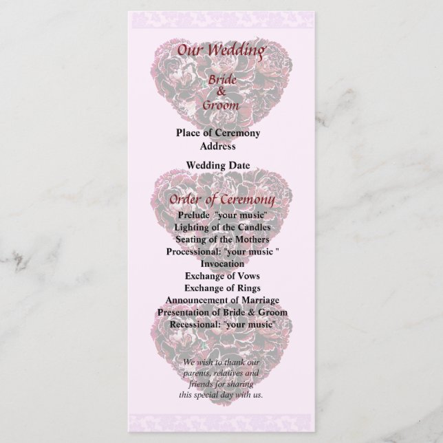 Maroon Carnation Heart Pink Bkgrnd Wedding Program Programme (Front)