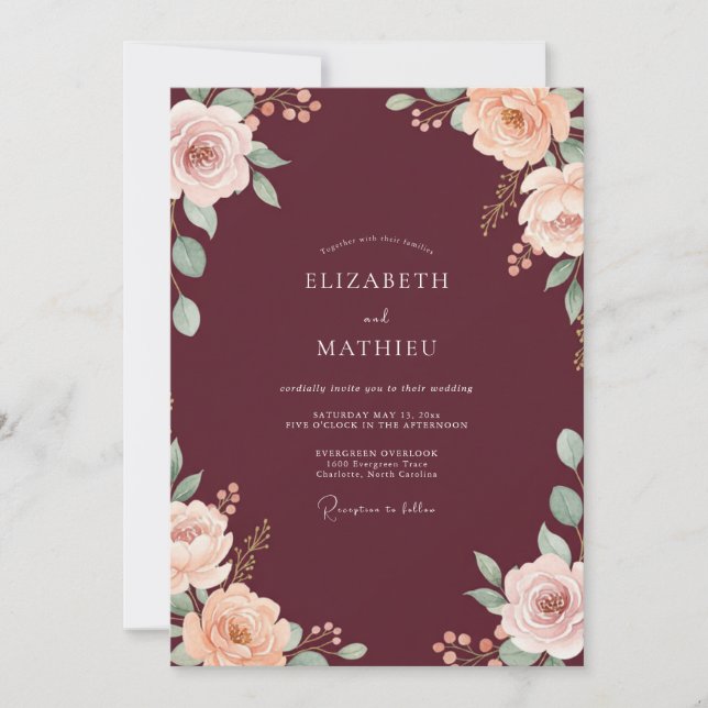 Maroon Champagne Bloom Wedding Invitation (Front)