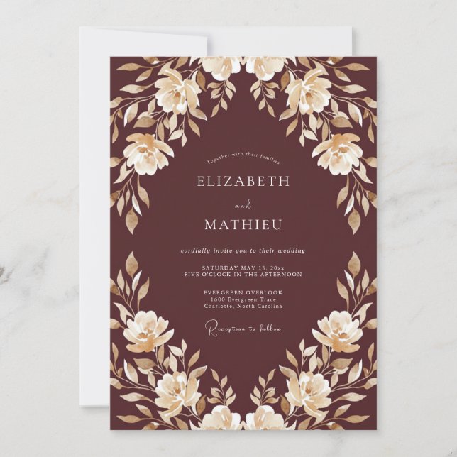 Maroon Champagne Foliage Muted Eucalyptus Wedding Invitation (Front)