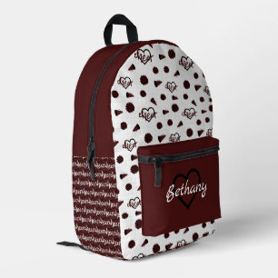 Maroon Cheer Hearts, Pom Poms, Megaphone Pattern Printed Backpack