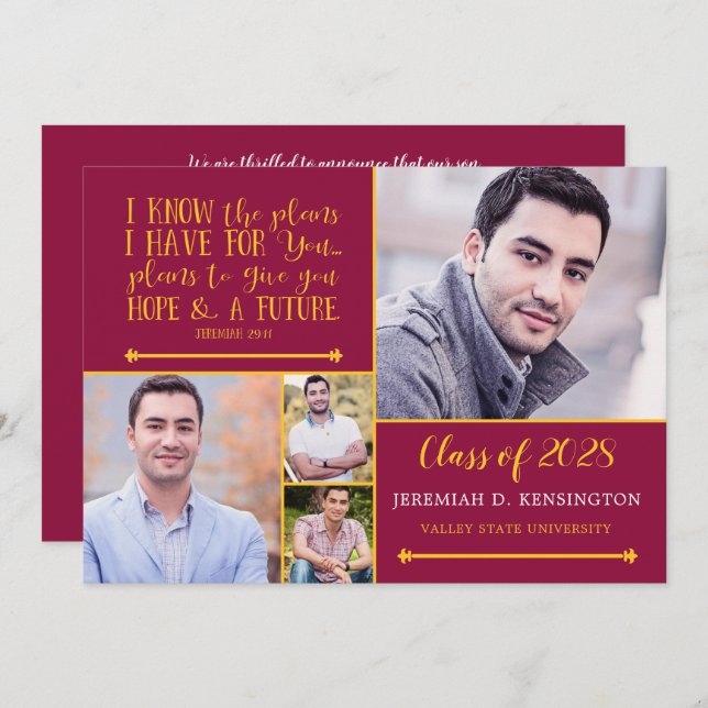Maroon Christian Verse Graduation Photo Collage Invitation (Front/Back)