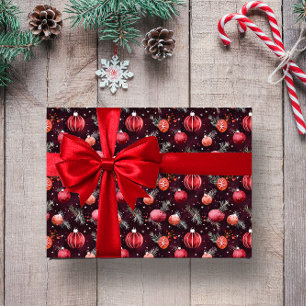 MAROON CHRISTMAS FESTIVE FLORAL DECORATION WRAPPING PAPER