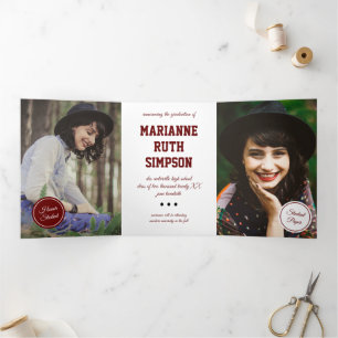 Maroon Circles 5-Photo Graduation Tri-Fold Invitation