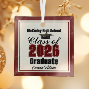 Maroon Class of 2026 Graduation Custom Christmas Glass Tree Decoration