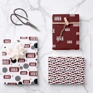 Maroon "Class Of" Dog Tag and Dots Pattern Wrapping Paper Sheet