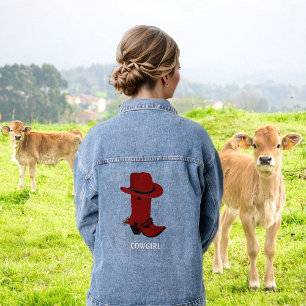 Maroon Country Hat and Boots Cowgirl Denim Jacket