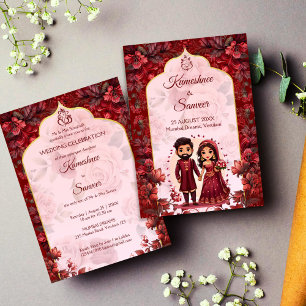 Maroon cute Indian wedding bridal couple cartoon Invitation