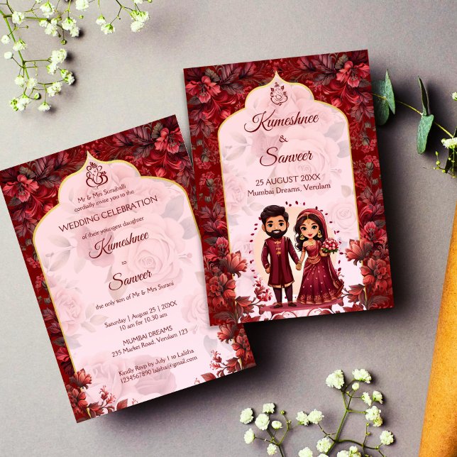 Maroon cute Indian wedding bridal couple cartoon Invitation (Indian wedding Maroon floral cute Indian bridal couple cartoon Invitation template instant download)