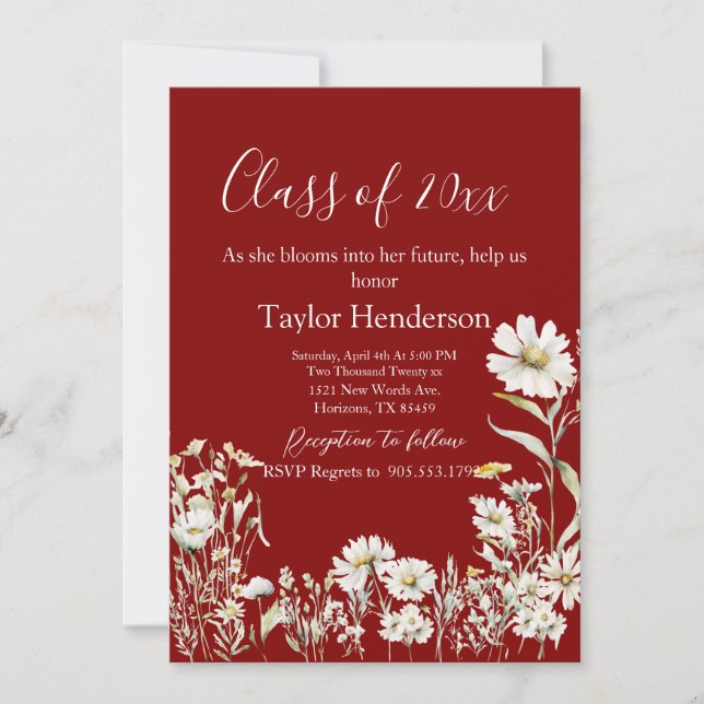 Maroon & Daisy Photo Greenery Graduation Invitation (Front)