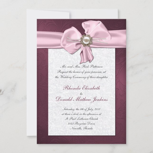 Maroon Damask Wedding Invitation (Front)