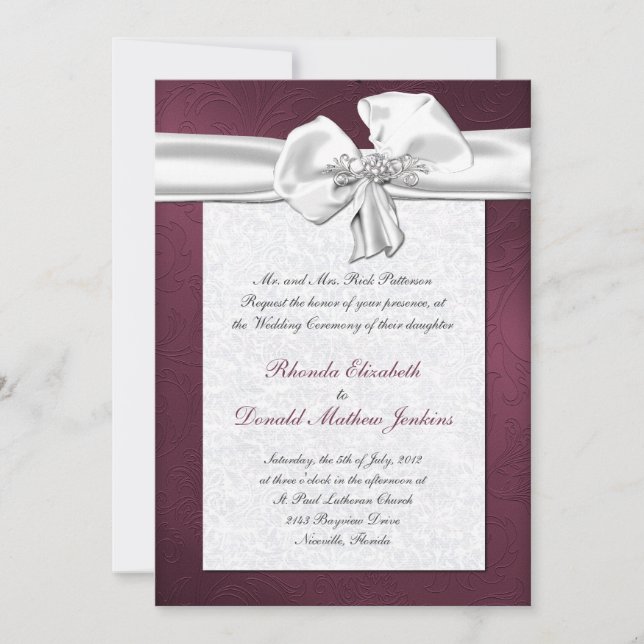 Maroon Damask Wedding Invitation (Front)