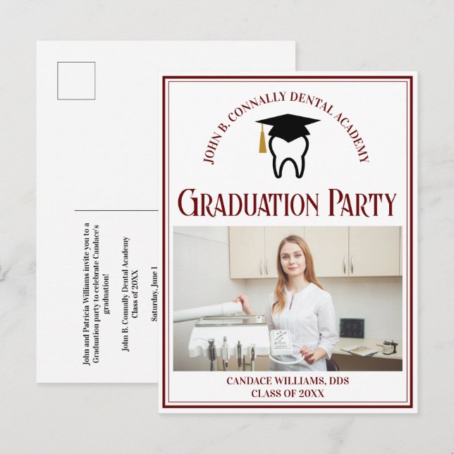 Maroon Dental School Photo Custom Graduation Party Invitation Postcard (Front/Back)