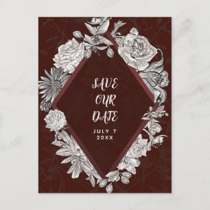 Maroon Diamond Vintage Flowers Save the Date Announcement Postcard
