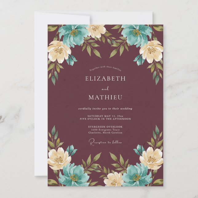 Maroon Dramatic Botanical Wedding Invitation (Front)
